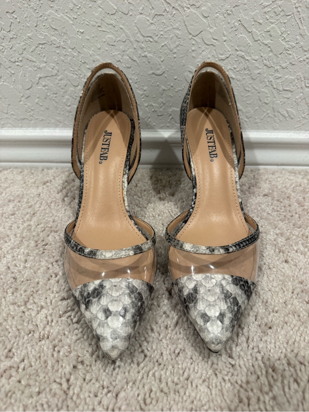 JustFab Clear Panel Pointed-Toe Pumps with Snake-Print Accent - White/Gray